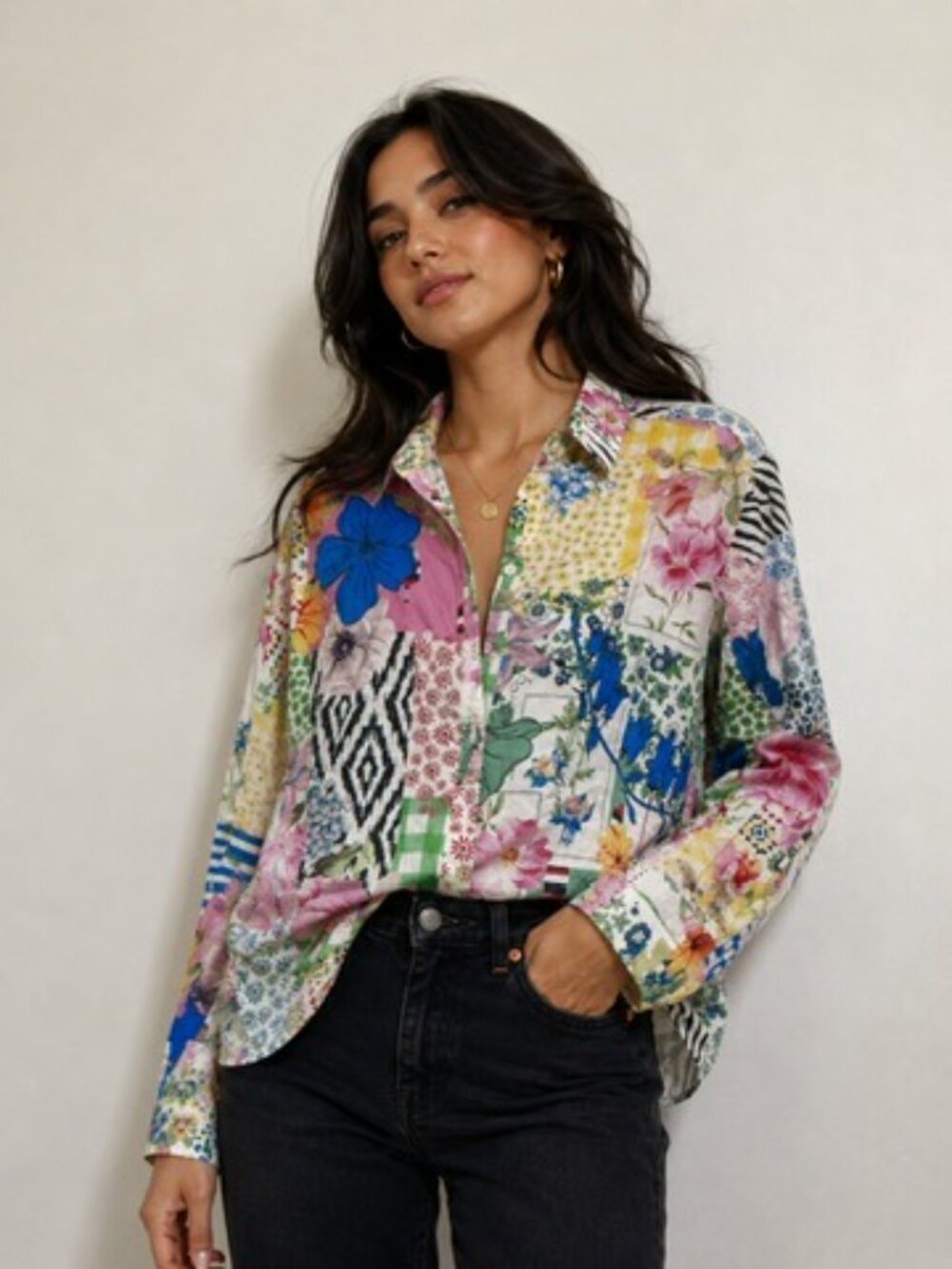 $110 + Foxcroft Patchwork Floral Button-Up Shirt – Size XL